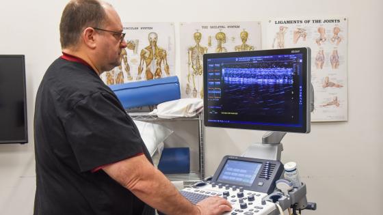 Dr. Kozar looking at the screen of an ultrasound machine