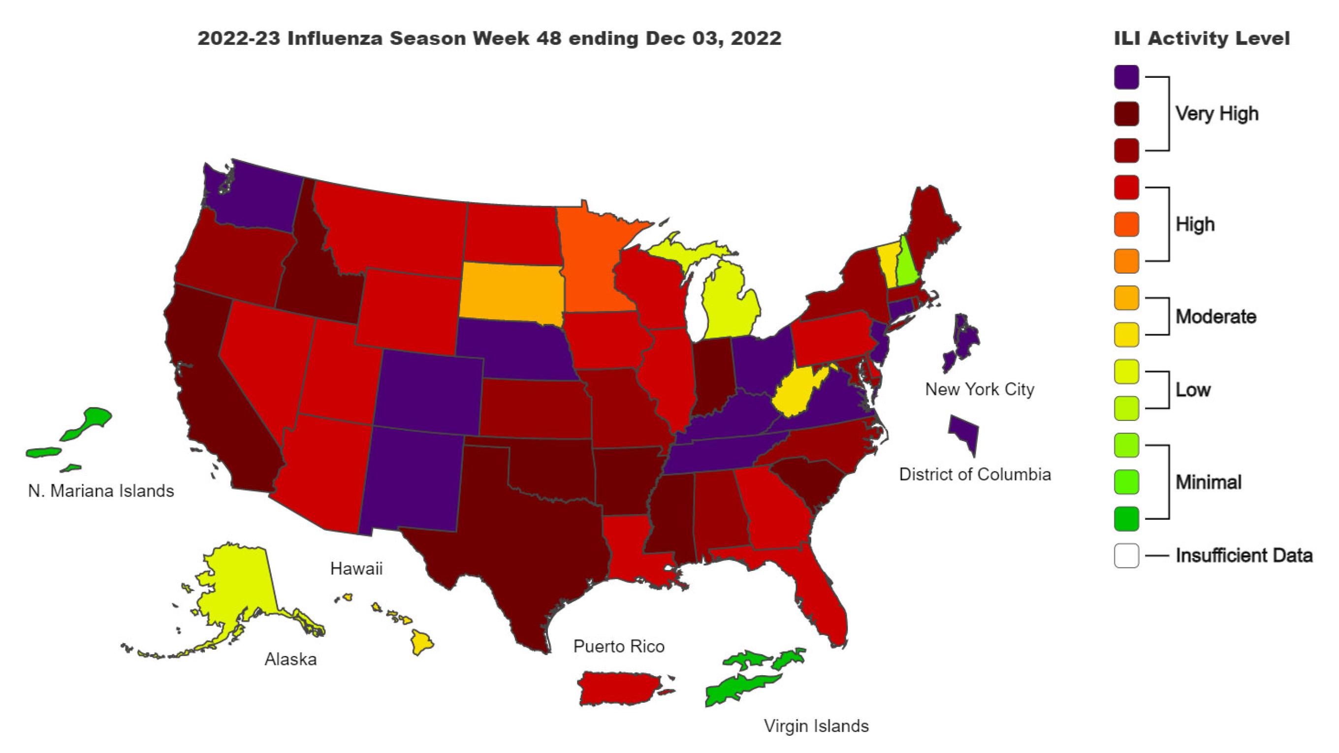 CDC map of influenza infections