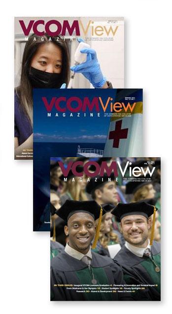 Three VCOM View magazine covers stacked