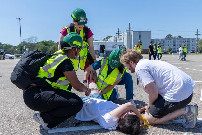 VCOM-Louisiana students participating in a mock disaster rescue event