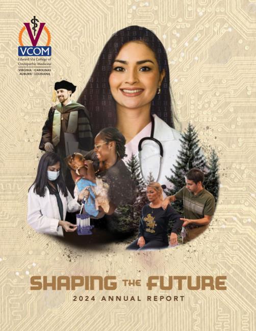 VCOM 2024 Annual Report Cover with medical student, stethoscope, graduate in cap and gown and nature scene