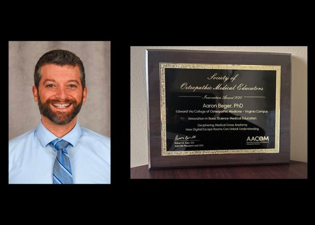 Aaron Beger and a picture of his award