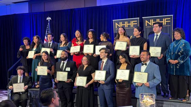 Celeste Prado and other scholarship award winners smiling