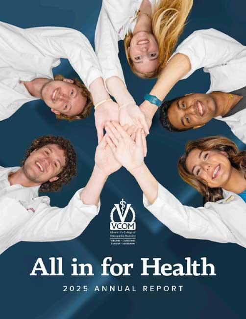 2025 Annual Report - All in for Health - 5 students in white coats hands stacked in a circle