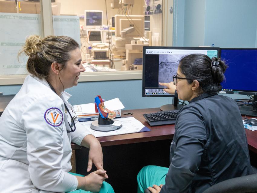 Medical student with faculty sitting at a computer talking