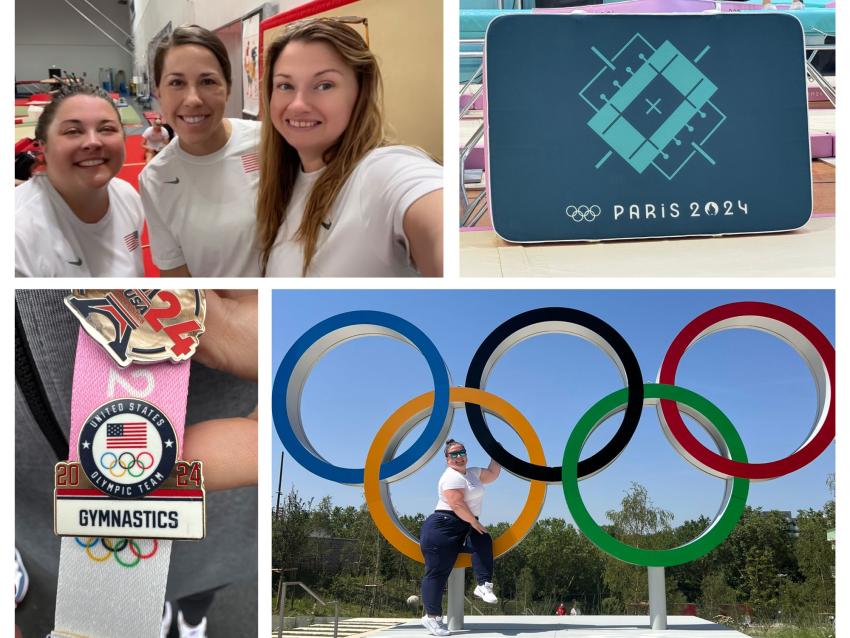 Stephanie Aldret posing in front of the Olympic Rings in Paris