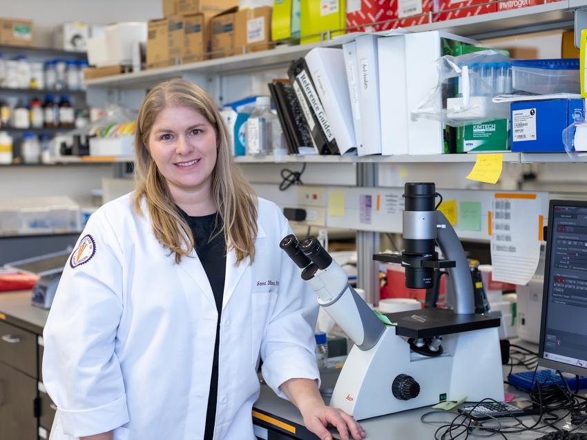 Jenna Dittmar, PhD, assistant professor for anatomical science at VCOM-Louisiana, stands in her lab