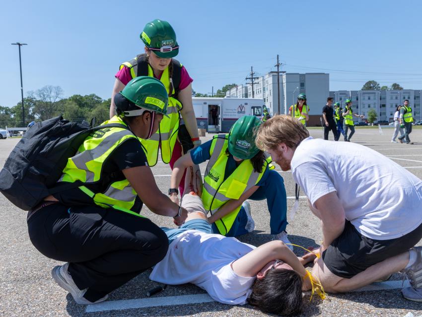 VCOM-Louisiana students participating in a mock disaster rescue event