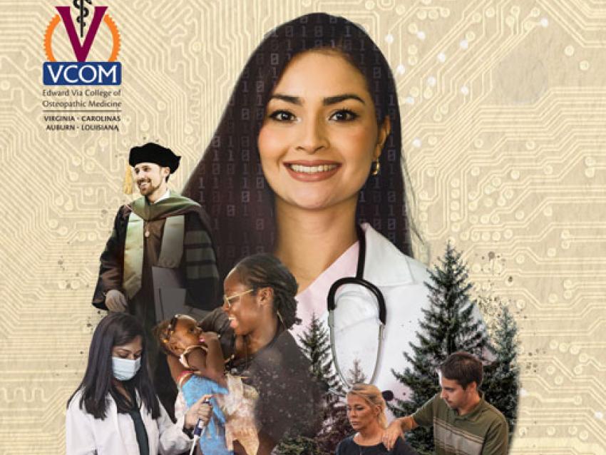 VCOM 2024 Annual Report Cover with medical student, stethoscope, graduate in cap and gown and nature scene