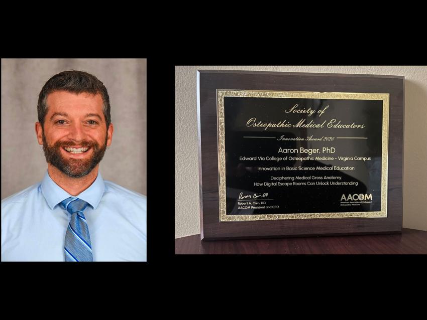 Aaron Beger and a picture of his award