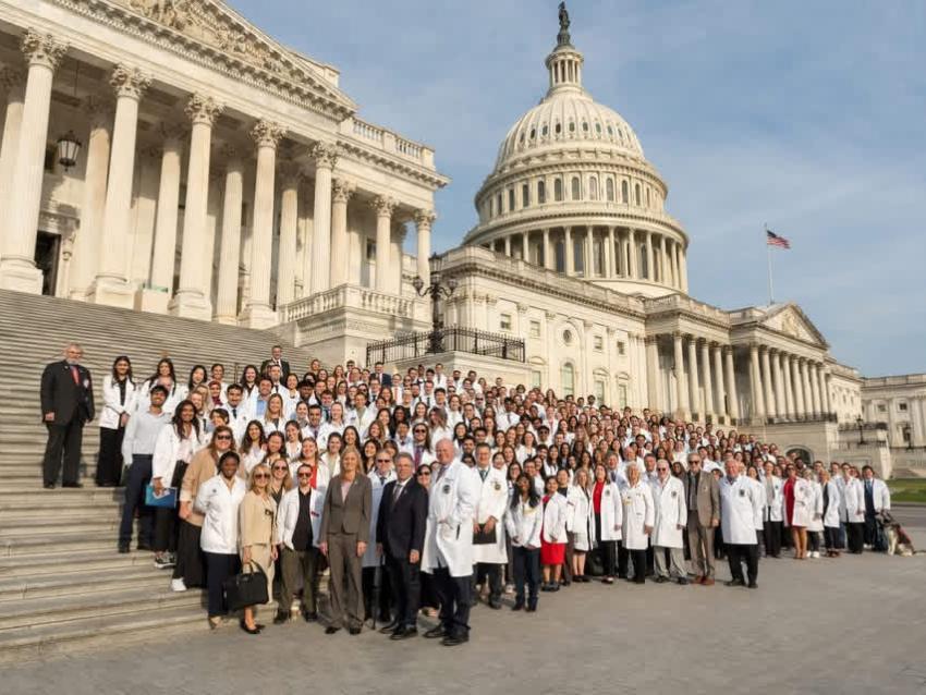 Large group of student doctors standing on the steps of the Capitol building
