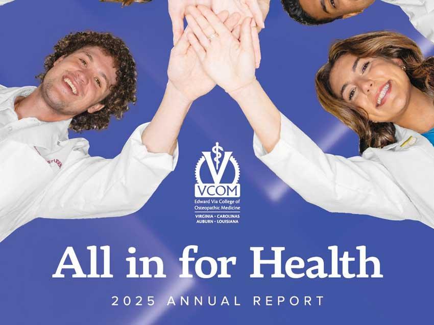 2025 Annual Report Cover with students in whitecoats stacking hands in a circle