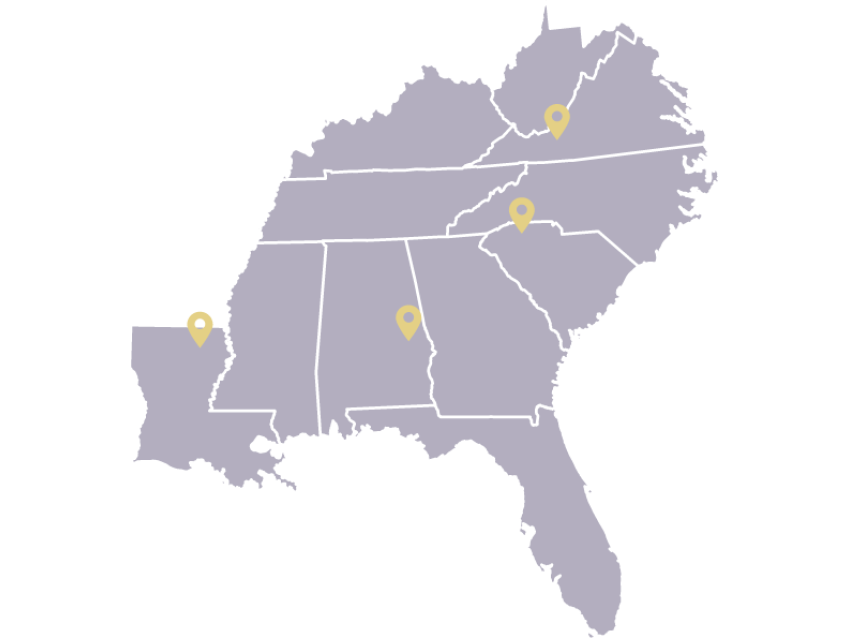 map of southern united states with markers for each campus location